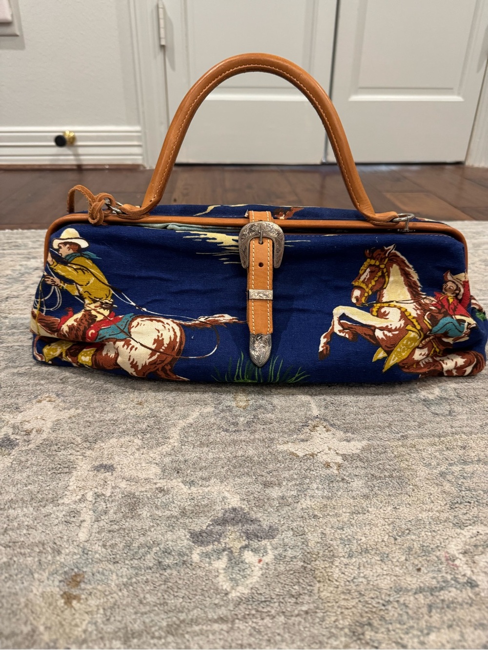 Navy Western-Print Top-Handle Satchel with Tan Trim